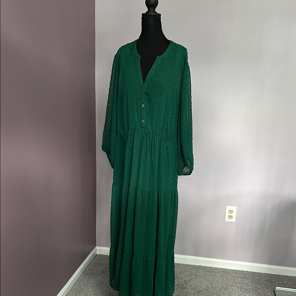 Torrid Green Buttoned V-Neck Long Sleeve Dress
